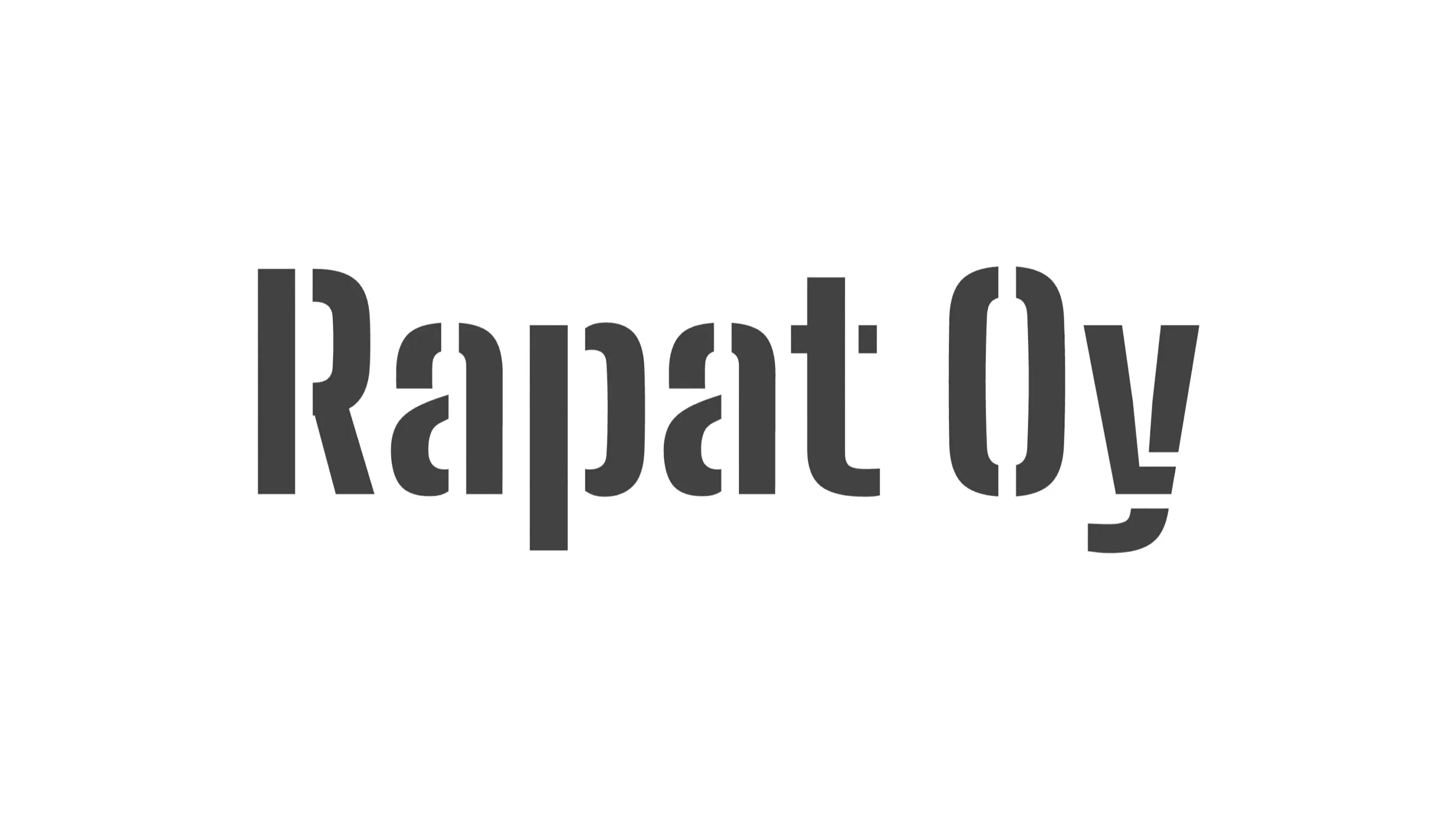 Harmaa stencil-tyyppinen teksti "Rapat Oy" valkoisella taustalla.