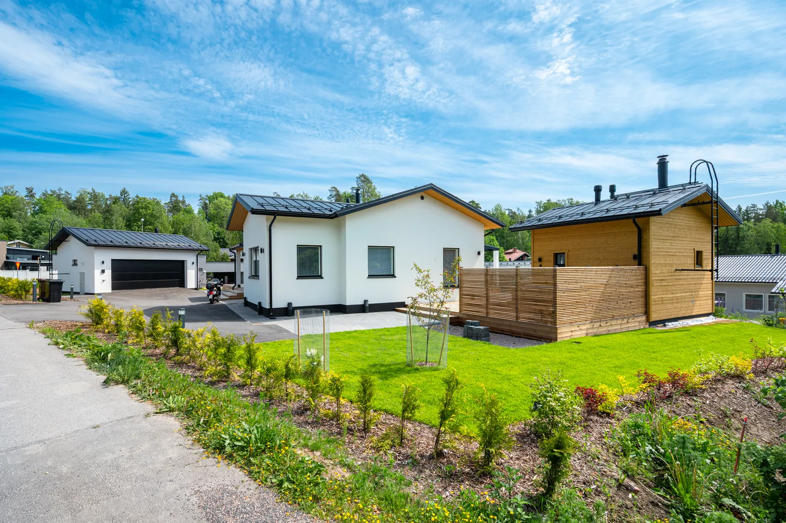 Aurinkoinen kuva asuinalueesta, jossa on valkoisia ja puunvärisiä taloja, vihreä nurmikko ja sininen taivas.