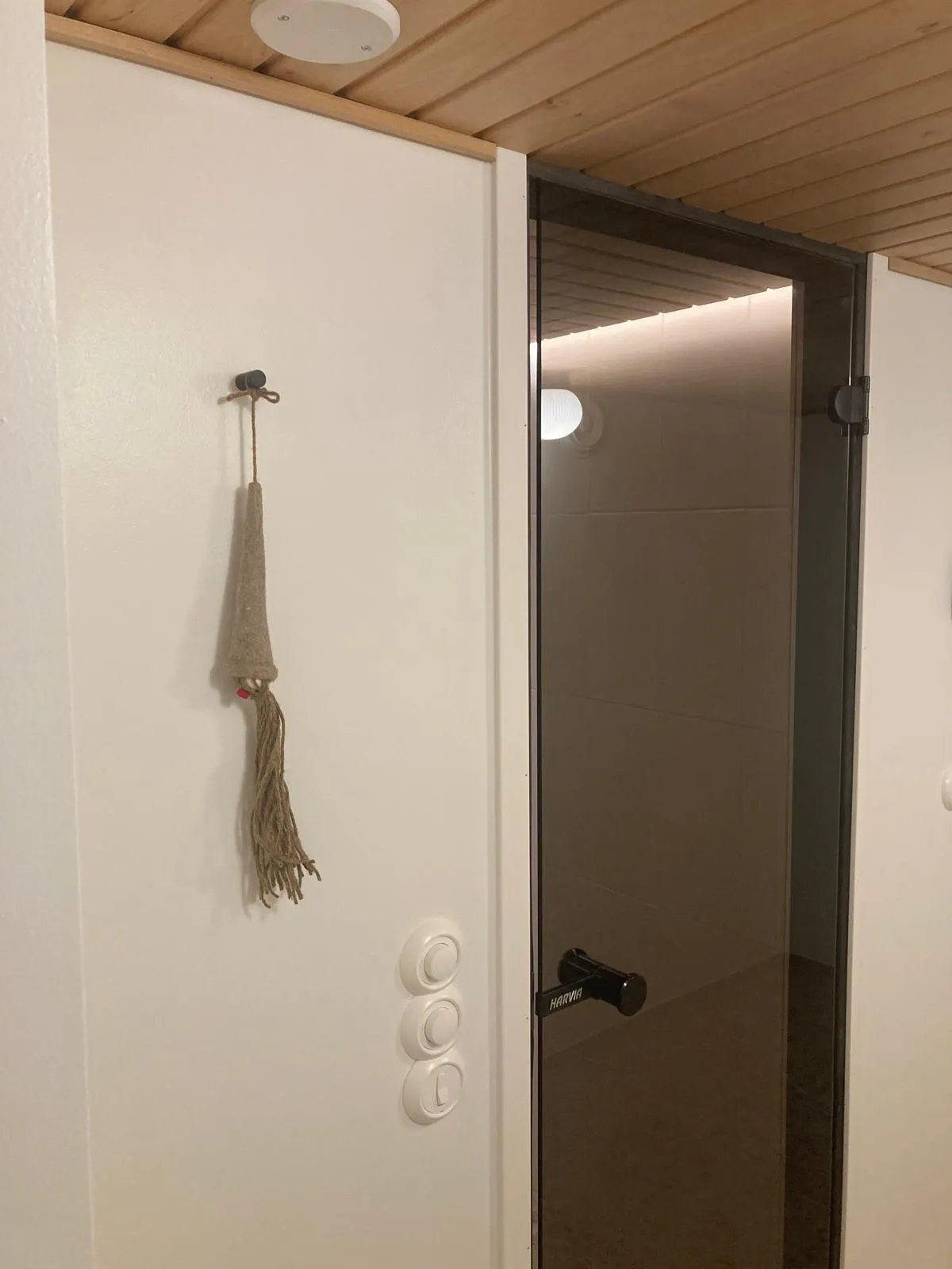 Valkoisella seinällä on koristeellinen tonttu ja kolme valkoista valokytkintä, vieressä on lasiovi, jossa on musta kahva.